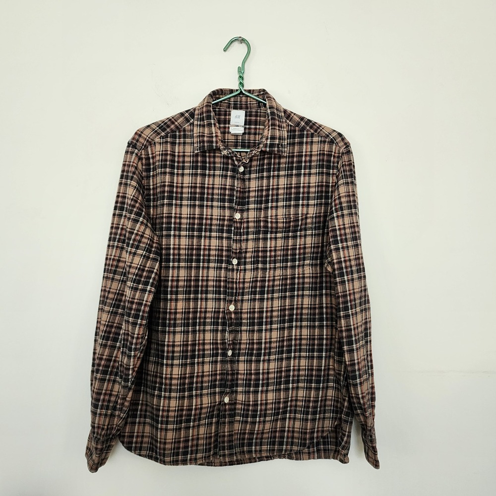 HM LOGG Mens Medium Brown Plaid Flannel Button Down Shirt Regular Fit Cotton